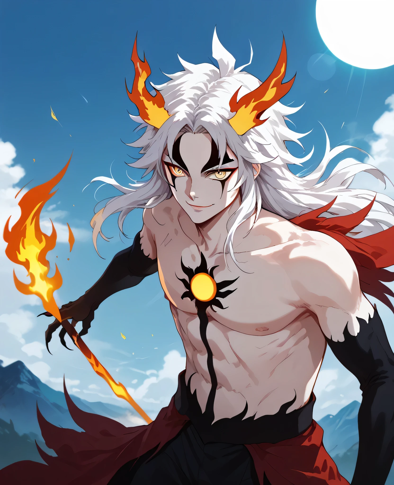 man, flaming hair, white skin, jentry chau style, anime style, fire powers, yellow eyes, white hair, third eye on forehead, voluminous hair, sky, smile, kitsune style, strong, Kyojuro Rengoku, cat eyes, eye on forehead, fire covered claws, sun