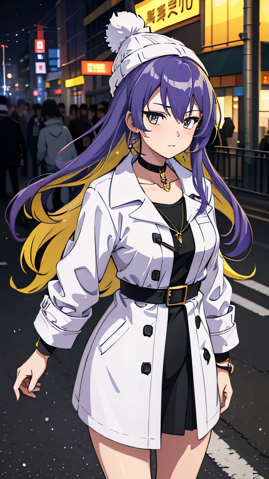 Moona Hoshinova, 1girl, purple yellow hair, long hair, multicolored hair, yellow eyes, jewelry, necklace, choker, perfect breasts, wearing a beanie, wearing a winter jacket, wearing a duffle coat, , wearing a watch, wearing earrings, in public, creatures in tokyo city, being on the street, snow on the street, it's snowing, looking at the viewer, realism, masterpiece, textured skin, super detail, high detail, high quality, best quality, 1080p, 16k