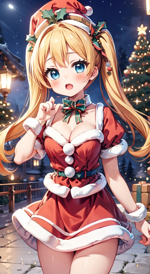 masterpiece, highest quality, Christmas,(anime screencap:1.3),(shape), cute,(simple:1)have salmon, (anime:1.2),Solo Sharp Focus, 1 girl, cleavage,looking at the viewer, Japan,nighttime,gold hair,((mini skirt)),Are standing, twin tails,((Christmas santa Costume)),salmon fish,lolita fashion,hair ribbon,cowboy shot,supermoon,Fullmoon,puffy eyes,Perfect hands,