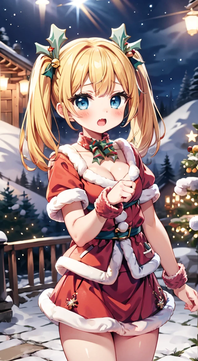 masterpiece, highest quality, Christmas,(anime screencap:1.3),(shape), cute,(simple:1)have salmon, (anime:1.2),Solo Sharp Focus, 1 girl, cleavage,looking at the viewer, Japan,nighttime,gold hair,((mini skirt)),Are standing, twin tails,((Christmas santa Costume)),salmon fish,lolita fashion,hair ribbon,cowboy shot,supermoon,Fullmoon,puffy eyes,Perfect hands,