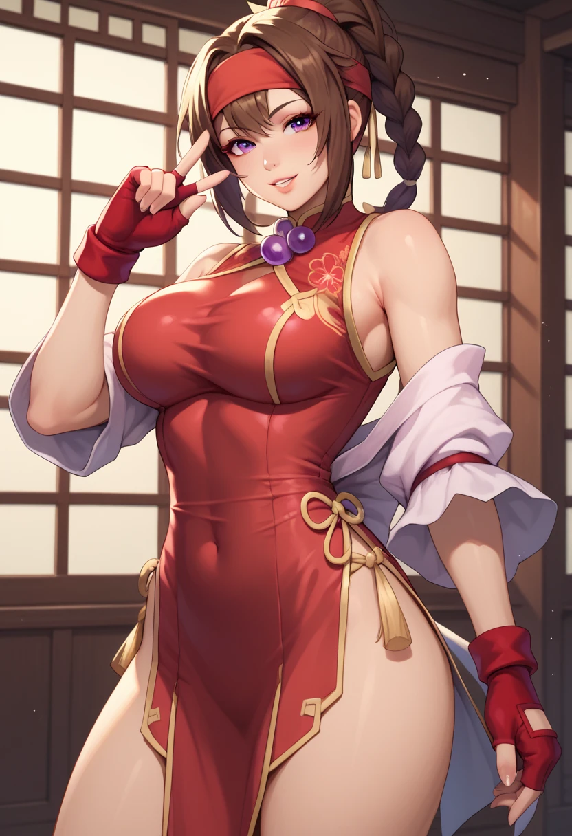 score_9_up, score_8_up, score_7_up,score_6_up, score_5_up, score_4_up , 1girl, solo, FLTMISHR, brown hair, high ponytail, large breasts,sleeveless, rope, japanese clothes, revealing clothes, pelvic curtain, AthnaKOFXV, purple hair, purple eyes, red hairband,pearl (gemstone), off-shoulder, white sleeves, fingerless gloves, short white china dress, ysakazaki, dougi, sneakers, spandex, headband, fingerless gloves, brown hair, brown eyes, single braid,, playful, sassy, seductive pose, cowboy shot, bedroom