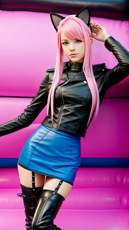  teen with pink hair, Slim model,  leather top , Lederrock ,  leather arm warmer blue ,  knee-high leather boots, Cat ears, bouncy castle  
