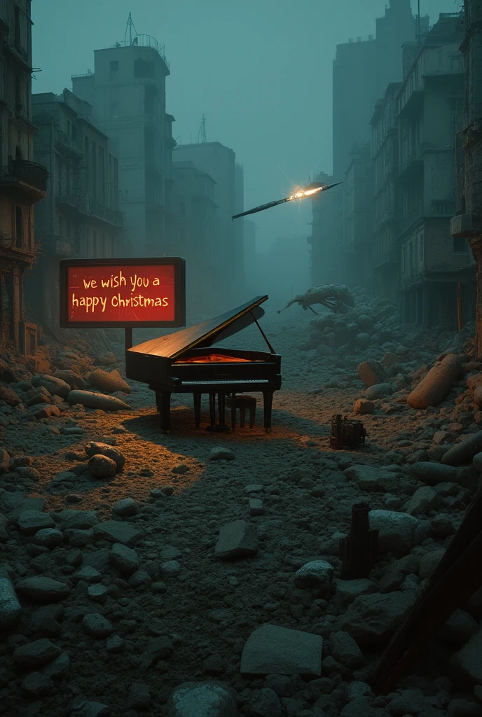 "We wish you a happy Christmas," is written on the wall, The devastated ground at the hypocenter, the ruins of the city, the fragments of bombs and missiles piercing the ground, intact grand piano lit by spotlight in the dim light, message advertisement, ultra detailed, absolutely resolution, masterpiece