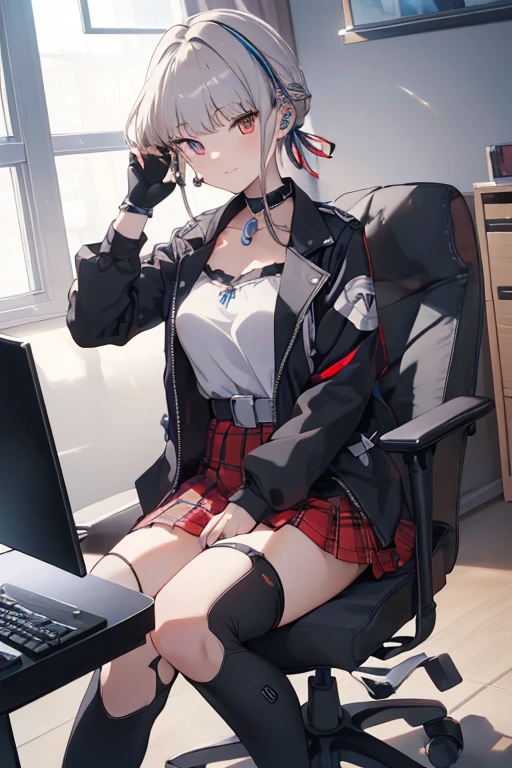 ((masterpiece,  top quality ,  high res)),  depth of field , 
break,  One girl ,  play video games, sitting in a  Gaming Chair, (( has a game controller)), smile,
break, (indoor),  Gaming Chair, Gamer chair sitting on PC display ,   
break, (Sakemachi Chloe,  garter belt,  fingerless gloves,  torn knee-high ,  gray hair,  multi-colored hair ,  Plaid Skirt,  clevis on a stone,  x hair ornament ,   red skirt , black collar,  white camisole, chest,  braided , black belt,  medium hair,  black jacket), (( red eyes)), (( beautiful detailed eyes))