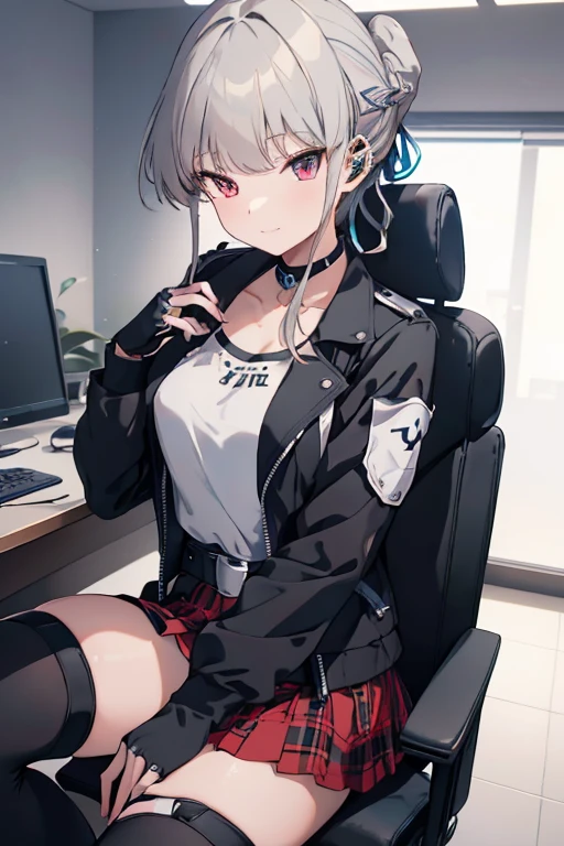 ((masterpiece,  top quality ,  high res)),  depth of field , 
break,  One girl ,  play video games, sitting in a  Gaming Chair, (( has a game controller)), smile,
break, (indoor),  Gaming Chair, Gamer chair sitting on PC display ,   
break, (Sakemachi Chloe,  garter belt,  fingerless gloves,  torn knee-high ,  gray hair,  multi-colored hair ,  Plaid Skirt,  clevis on a stone,  x hair ornament ,   red skirt , black collar,  white camisole, chest,  braided , black belt,  medium hair,  black jacket), (( red eyes)), (( beautiful detailed eyes))