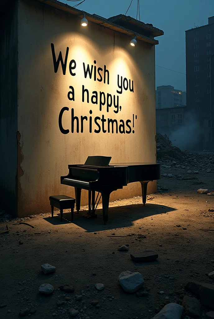 "We wish you a happy Christmas," is written on the wall, The devastated ground at the hypocenter, the ruins of the city, the fragments of bombs and missiles piercing the ground, intact grand piano lit by spotlight in the dim light, message advertisement, ultra detailed, absolutely resolution, masterpiece