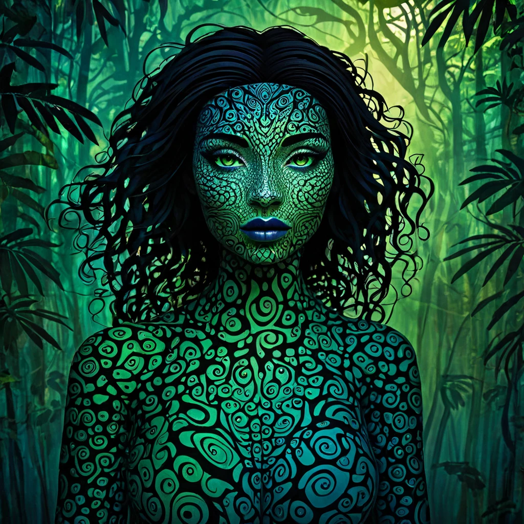 Concept Art | A mesmerizing and surreal representation that fluidly merges a precise Amazon rainforest layout with the silhouette of a Yanomami indigenous woman, with intricate derios and iguarapes contours tracing her facial features | Soft patterned background with subtle forest, jaguar, birds suggestion | Soft, textured backdrop with faint elements of the Amazonian landscape | Full composition | Dramatic lighting with soft highlights | Waterways and paths aligned with facial contours; Streets merging into the skin; Enigmatic expression; Striking green eyes; Dark blue lips; Conveys a sense of mystery and curiosity 