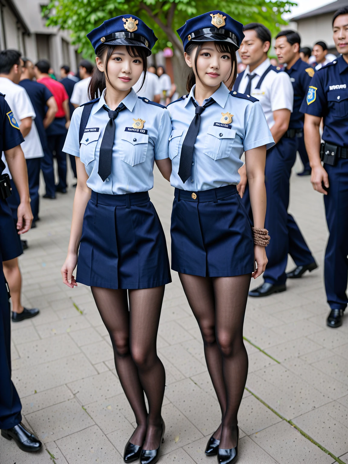 (Wear Japanese police uniforms with attention to detail), (Japanese police officer), (Costumes tied over the clothes), tortoise shell bondage, (Tie-up with rope over the clothes), Outfits with rope wrapped around the clothes,  beautiful faces like Japanese idol girls with unrivaled cuteness, Small facial features, (  Realistic face with attention to detail  ), 160 cm short height ,  slim, muscular, and toned, attractive curvy figure , Expanding breasts,  clevis on a stone, Crowded places,  seen in many Japanese men , Beautiful pantyhose, break,  RAW photos ,  high res, masterpiece,  realistic ,   full body shot , (((NFSW:1.4)), sadism and masochism