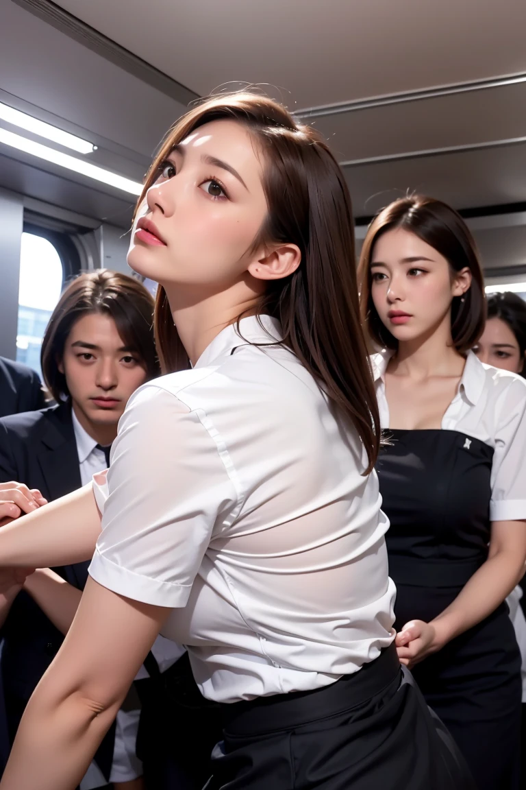 top-quality、hight resolution、ultra-detailliert、masterpiece、Raw photography、realisitic、Photorealsitic、extremely delicate and beautiful、finely detail、Textured skin、full-shot,、1woman、japanese、18year old,(((wearing school uniform)))、、tall、Brown hair、wavy hair,short hair,Wearing makeup、(Bare legs:1.5)、Do not wear anything on your arm、perfectly proportions,,dynamic angl,ponytail,,SFW, realista, obra maestra, VERY crowded subway train interior detailed scenario, VERY crowded subway train interior detailed background, Standing incredibly hot (mujer 1) usyo sexy ((uniforme escolar)), (((falda levantada)), (Grye), (Thigths gruesos), (fear expression), cara sonrojada, The old man groped woman 1 from behind,(((A small old man pressed his chest on the back of woman 1))) y (((holding her waist behind her))),dynamic angle,fullbody