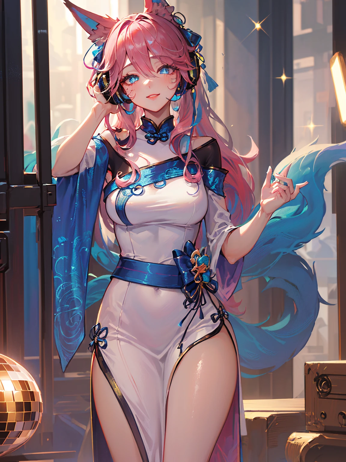 A beautiful anime-style girl with long vibrant hair, (wearing headphones and a chinese long dress:1.5), (side slit, pelvic curtain:1.5), (dj), (club, rave party, disco ball:1.5), intently focused on DJing at a lively rave party, cinematic lighting highlighting her cold yet captivating expression, ultra-detailed 4K digital artwork, best quality, masterpiece, beautiful woman, extremely detailed eyes and face, beautiful detailed lips, long eyelashes, solo, 1girl, beautiful detailed eyes, beautiful detailed lips, cute, cute smile, shy, blushing, embarrassing, (dreaming eyes:1.5), extremely detailed eyes and face, long eyelashes, (multicolored gradient pink hair:1.5), (very long hair:1.5), (sparkling hair:1.5), (high ponytails hair:1.5), (hair between eyes), (hair over one eye:1.2), (floating hair:1.3), (heterochromia), (hair ribbons:1.5), (mesmerising blue eyes), red lips, sharp eyelashes, (animal ears, fox ears), (multiple fox tails:1.5), earrings