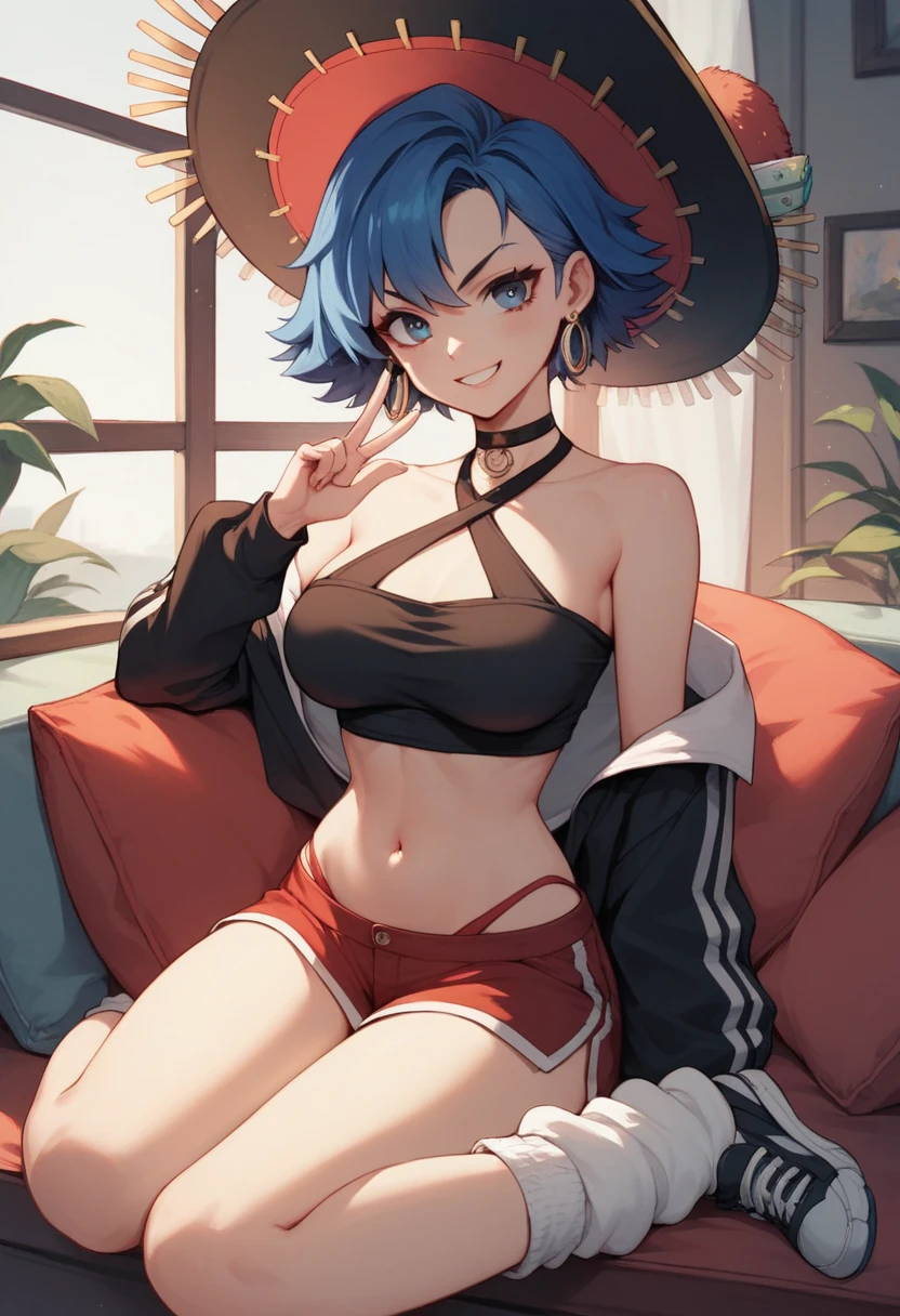 masterpiece, best quality, rem,re zero, Blue hair, Short bob hair, large breasts, cowboy shot, cute,pretty face, smile,
(red theme:1.5),(one-shoulder
sleeveless (red crop top):1.4),(navel:1.3)
(white theme:1.3),(white denim
bell bottoms pants:1.3),(ankle:1.3)
(heeled sandals:1.2),
(earrings:1.2),