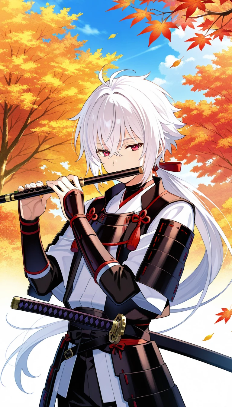 (High quality anime art), boy1, ((Solo)), white hair, low ponytail, Red eyes, Japanese armor, katana in back, , (Hair flowing in the wind: 0.8), playing flute, brown flute, (Detailed color: 0.9), (vibrant color:0.7), (Cinematic lighting: 0.9), (Side lighting: 0.7), Autumn day, Composed mood, (Cute pose), Maple tree background.