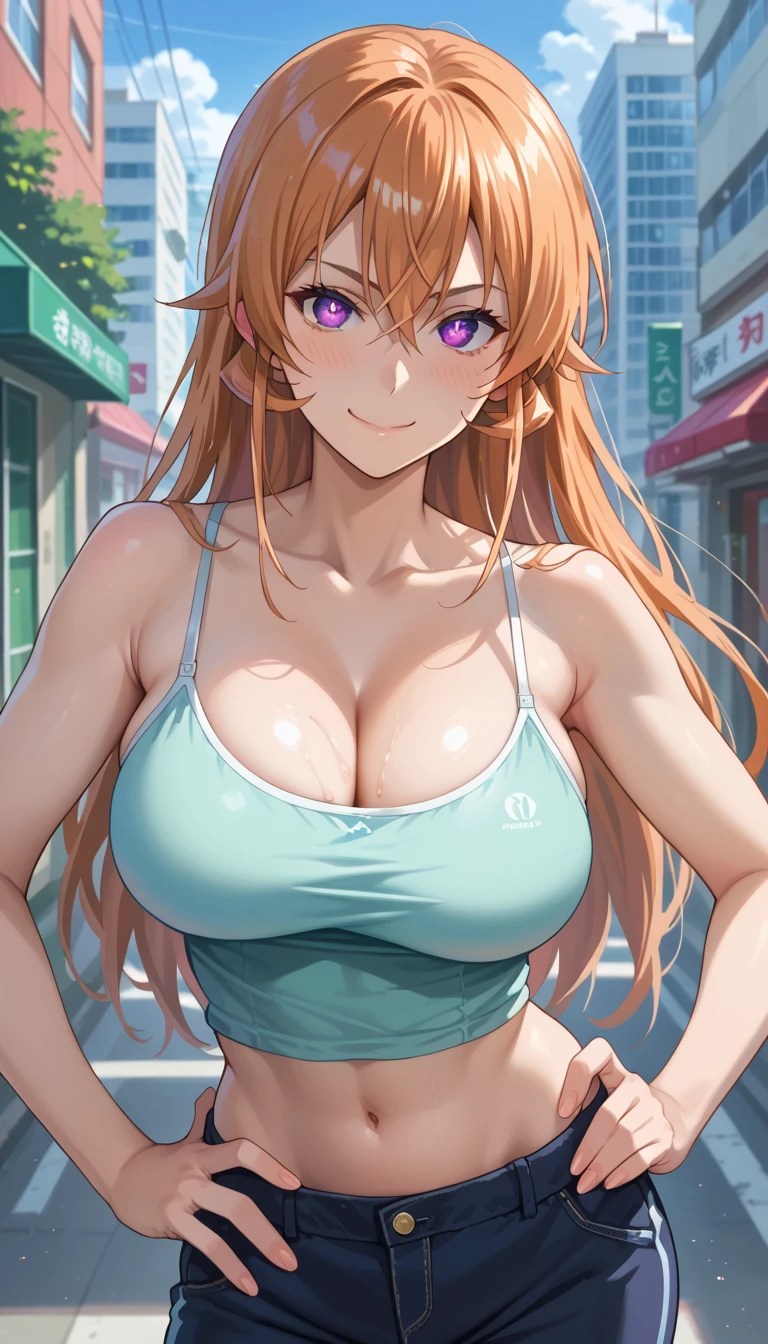 Mature female, fit girl, score_9, score_8_up, score_7_up, score_6_up, score_5_up, score_4_up, BREAK source_anime,1girl,erina nakiri, long hair, orange hair, hair between eyes,(purple eyes), glowing eyes,huge breasts, blue camisole, dolphin short, navel, armpit, collarbone, cleavage, midriff, city backgrounds, smile, hand on hip, smile, blush, 