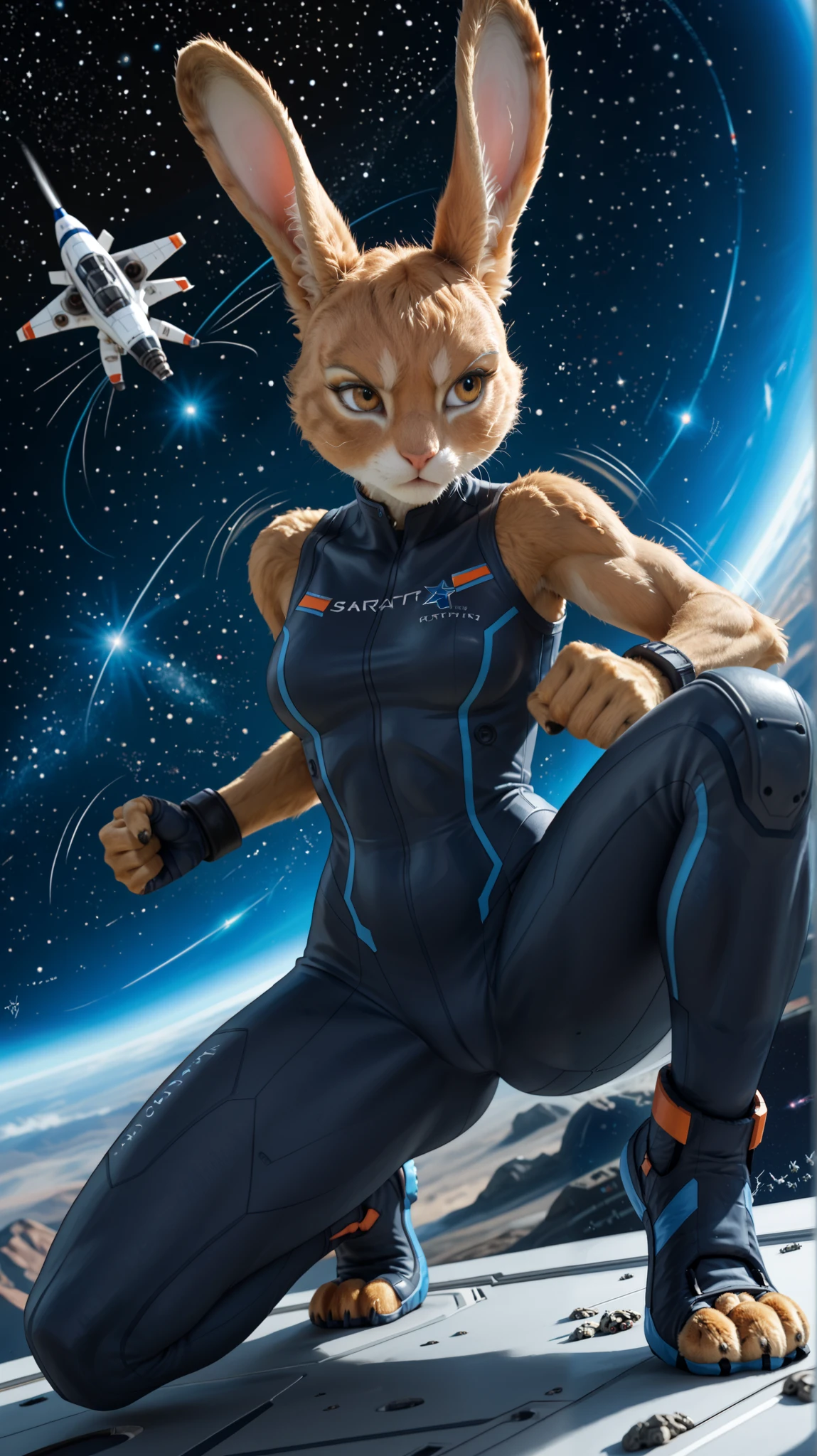 (zPDXL2), (PonyXLV6_Scores), rating_safety, Expressiveh, full body shot, BREAK
lhata4564, d3t41l3d, 
1girl,furry anthro rabbit, space rabbit ranger, wearing sleeveless one-piece bodysuit, living on Space orbital station, ((zero gravity, fighting, high speed, motion lines, motion, action pose)) 