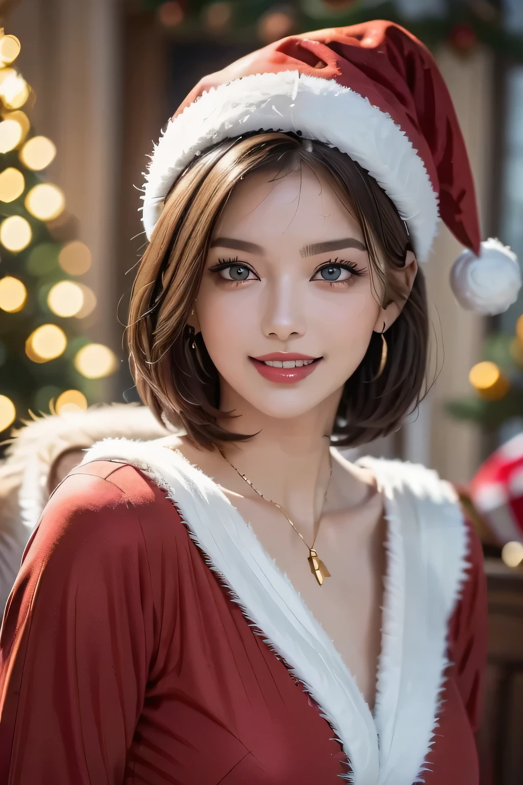 Red knitwear, turtleneck, red costume of Santa Claus, (open all buttons: 1.1), Santa Claus hat, smile, smile, big, big breasts, deep cleavage, chest hugging, top quality, masterpiece, illustration, very delicate and beautiful, very detailed, CG, 8K wallpaper, amazing, fine details, highly detailed CG, Unity, 8K wallpaper, Huge file size, very detailed, high resolution, well-groomed detail woman, very detailed big eyes and face, amazing detailed eyes, face light, (Best Illustration: 1.1), Ultra High Resolution, (Photoreal: 1.1), (Photoreal: 1.2:1.1), Realistic Face Proportions, Slender, Smile, (Makeup: 0.4), (Fluffy Pale Colored Eyes: 1.21), Light Colored Eyes, Round eyes, gaze to look at the beholder, dark brown hair, earrings, necklace, hairpin, (irregular irregular skin imperfections, veins, skin pores: 1.2), white background, (bokeh: 1.4), straight hair, very short hair, short bob hair, little bangs, gloss on skin, gloss on face, gloss on lips, gloss on chest, gloss on skin, smile, smiling, teeth, beautiful alignment, Long neck, big eyes, clear eyes, clear double eyelids, put out both ears, tremendously cute, overwhelming beauty, highlight in the eyes, chest closer, face forward, body facing the viewer, put your hand on the cheek, perfect and detailed and beautiful hand, perfect and detailed and beautiful fingers, precise number of arms, precise number of fingers, reach out to the camera
