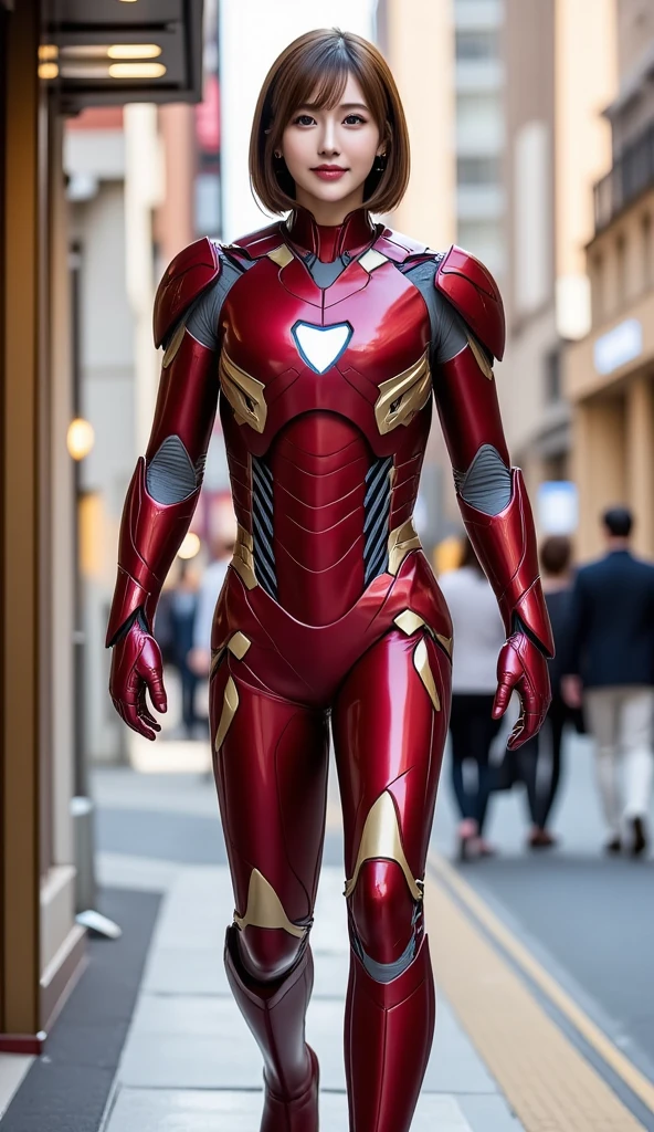 (((Full body photo)))、12Ｋ、ＨＤＲ、 bits deep 10 bits 、((He's wearing a realistic Iron Man red metal suit))、(  light brown hair )、  random pose to take a picture of the front 、 is wearing high-heeled boots、 standing with legs open 、The background is a sci-fi movie-style city、