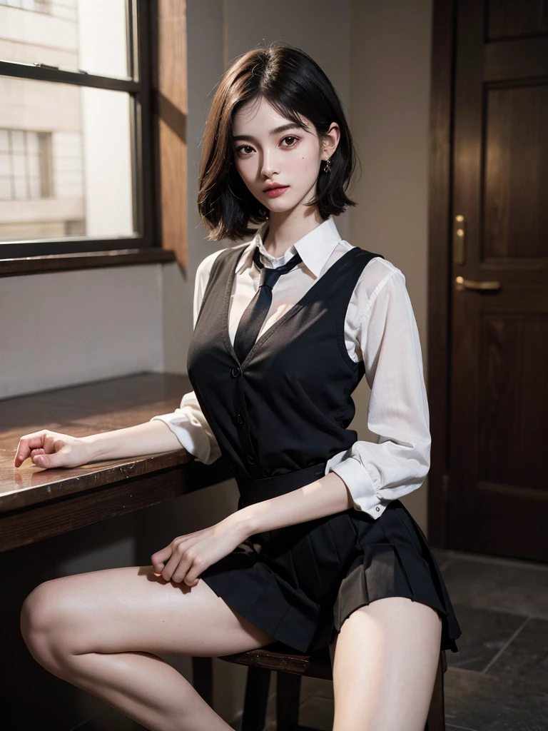 1girl in, (((shorth hair))), Business suits,((long  skirt))，(​masterpiece, top-quality, Near and far law), beautiful expression, in 8K, Raw foto, Photorealsitic, film grains, chromatic abberation, hight resolution, ultra-detailliert, finely detail, 动态照明, Dramatic Lighting、shadowy、extremely detailed eye and face、Round pupils、Modern and luxurious office、long legged