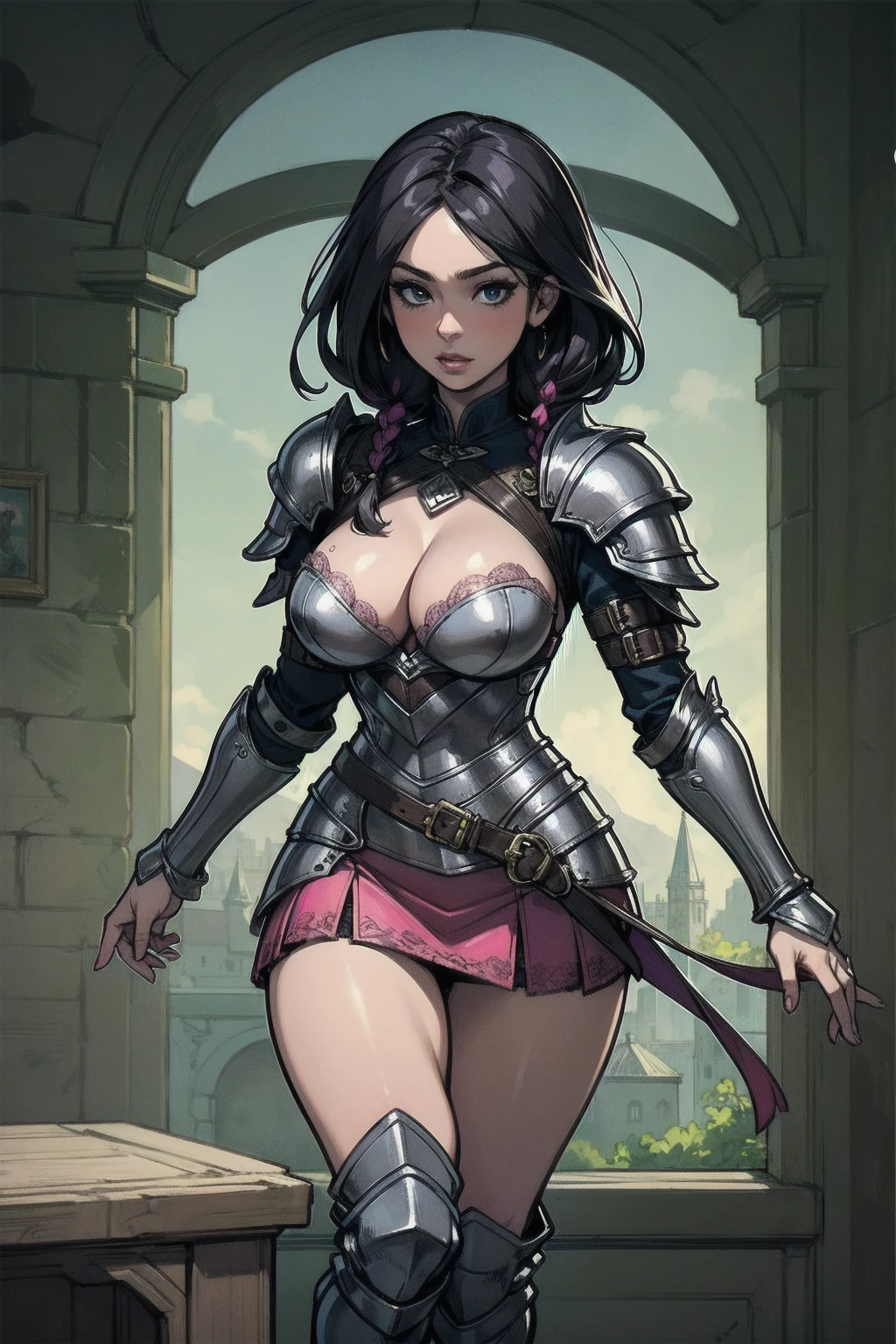  sexy woman in a platinum and pink lotus lace armor skirt,  Art Station , Chen Wei-Peng, Jean J.,  Detailed Fantasy Art ,  Amazing Character Art , Fan Art The Best  Art Station ,  epic and exquisite character art , Beautiful Armor,  highly detailed art gum drawn by Art Jam ,  detailed digital anime art , artgerm is on artstation and pixiv , Girl in armor,  large cleavage:1.2, ( miniskirt:1,5), gothic armor