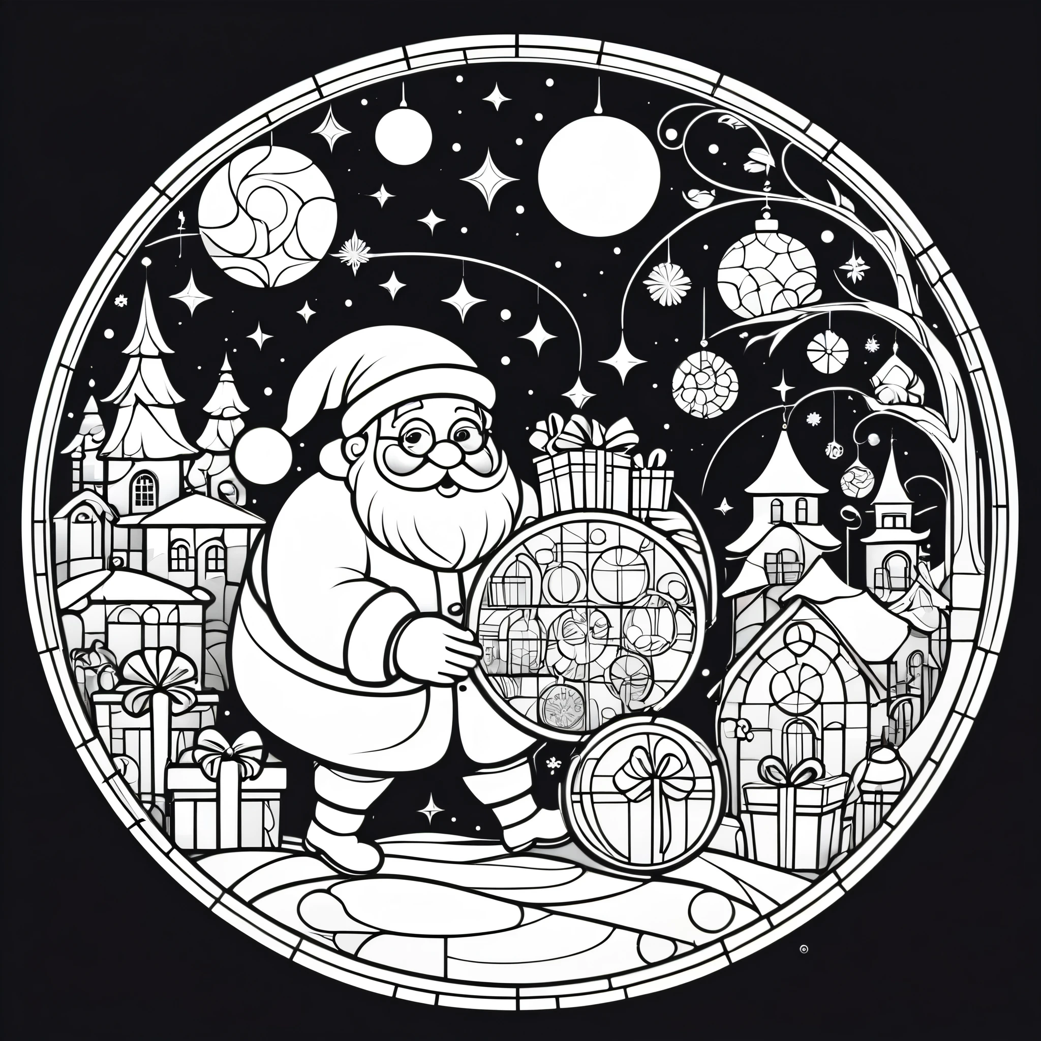 circle, simple line art, black and white, Stained glass design, without colored glass, composed only of lines, The theme is Santa Claus is busy delivering presents,