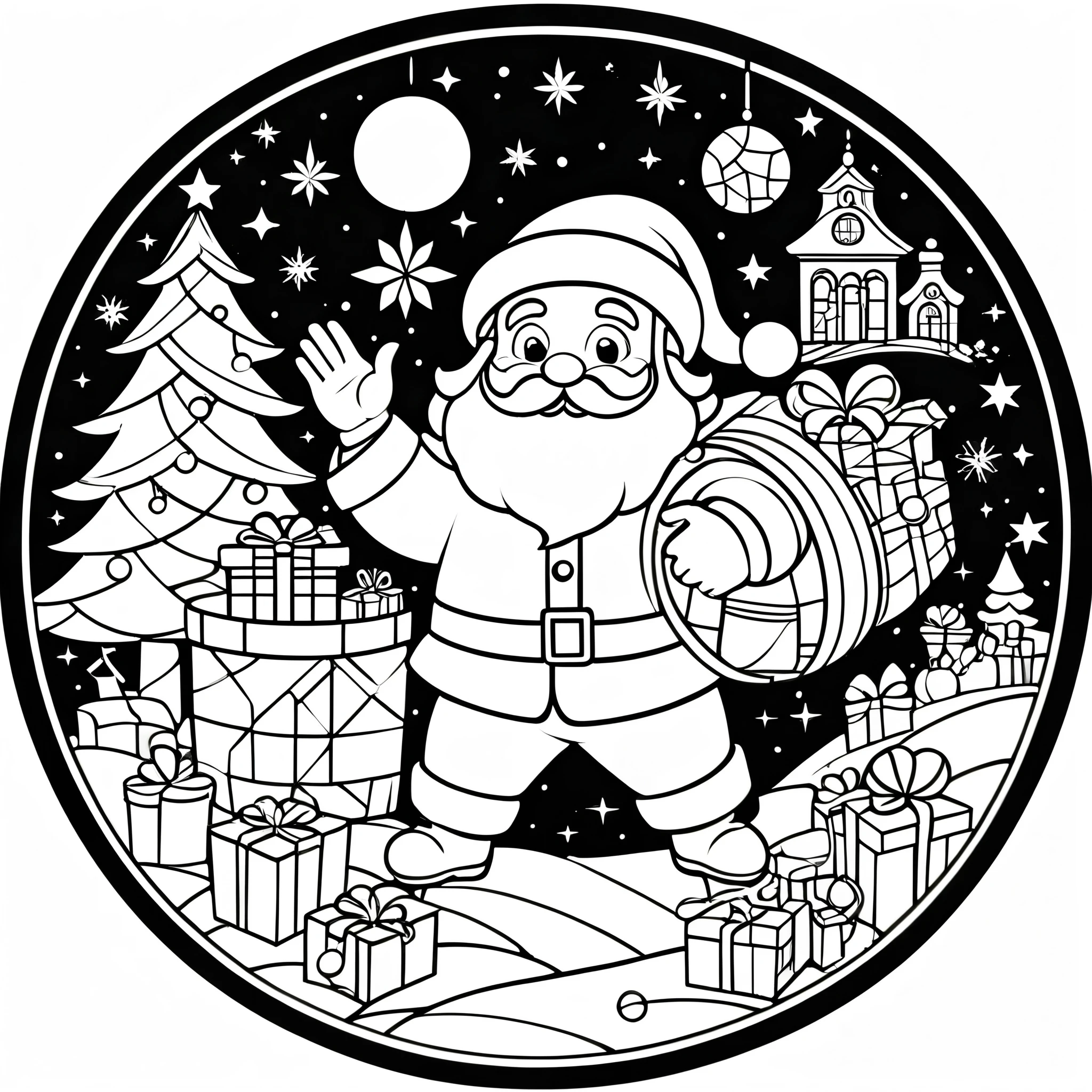circle, simple line art, black and white, Stained glass design, without colored glass, composed only of lines, The theme is Santa Claus is busy delivering presents,