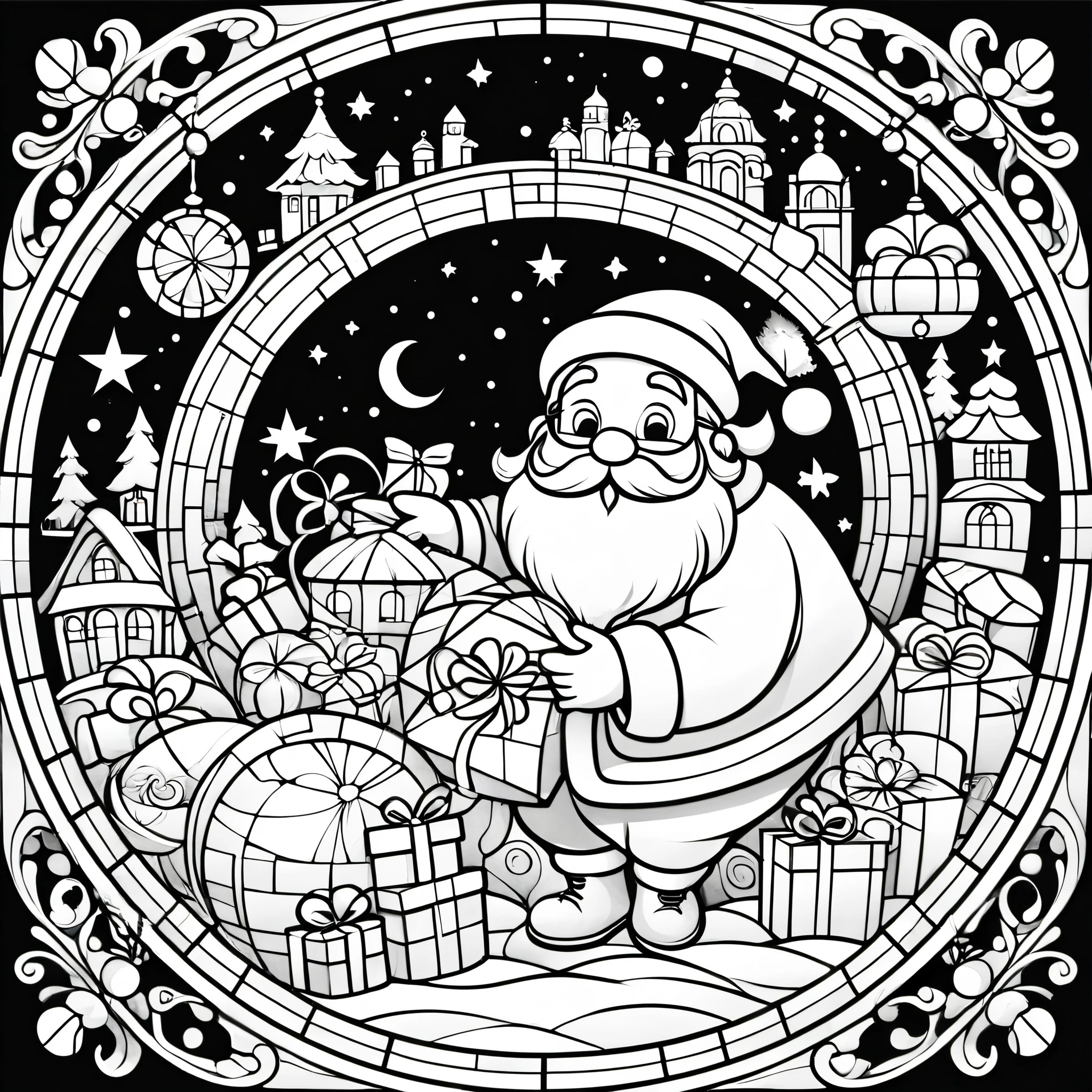 circle, simple line art, black and white, Stained glass design, without colored glass, composed only of lines, The theme is Santa Claus is busy delivering presents,