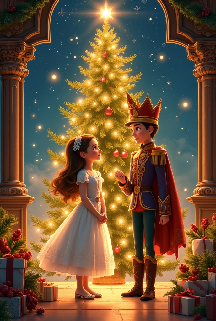 Illustration of Clara with the Nutcracker, background should be commensurate with this story of The Nutcracker.