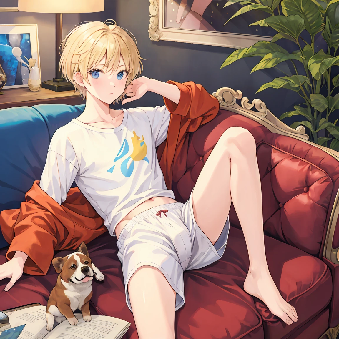 The blond wizard man  (Short Hair)  is wearing white boxer shorts on his old den couch