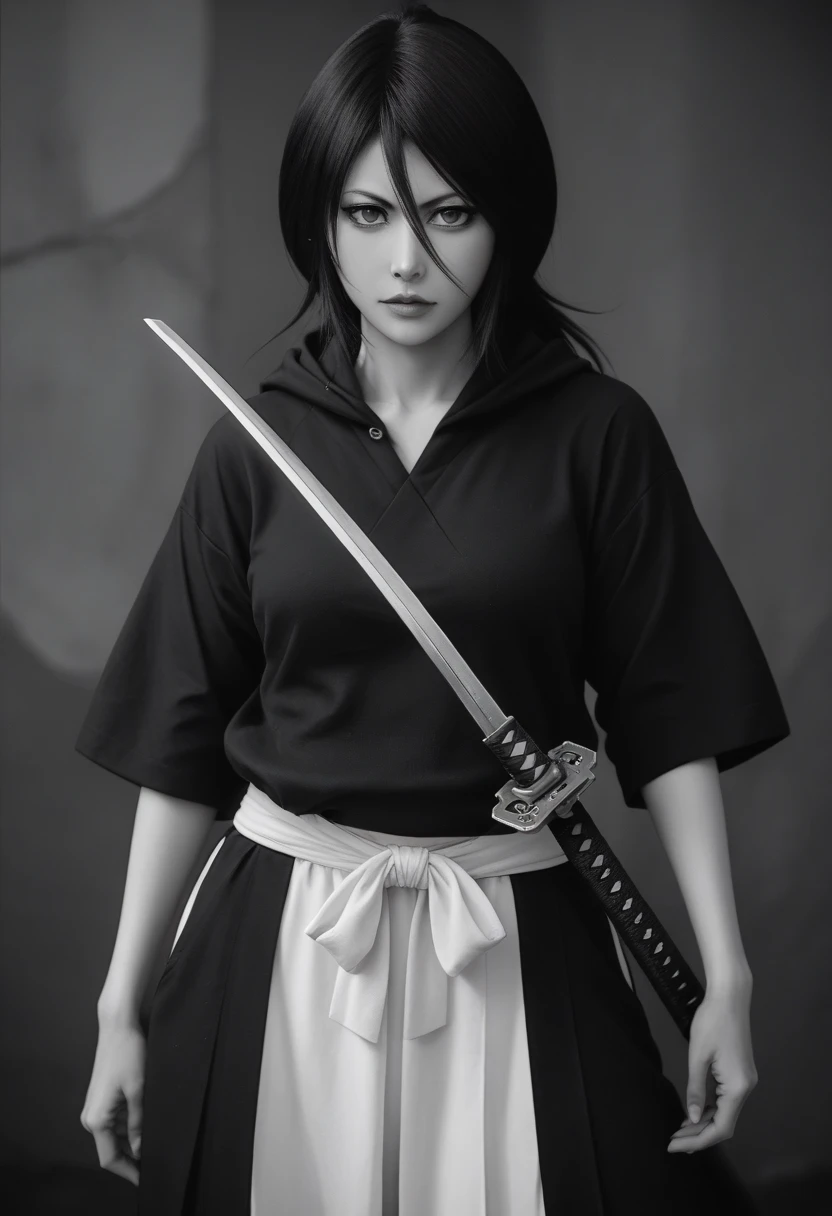 Rukia Artfully aesthetic, steampunk style samurai a woman in a black and white outfit holding a sword, she is holding a katana sword, holding a sword on her shoulder, katana, she is holding a sword, female action anime girl, unsheathing her katana, seductive anime girl, female samurai, artwork in the style of guweiz, female anime character, guweiz hoodie and sarashi 