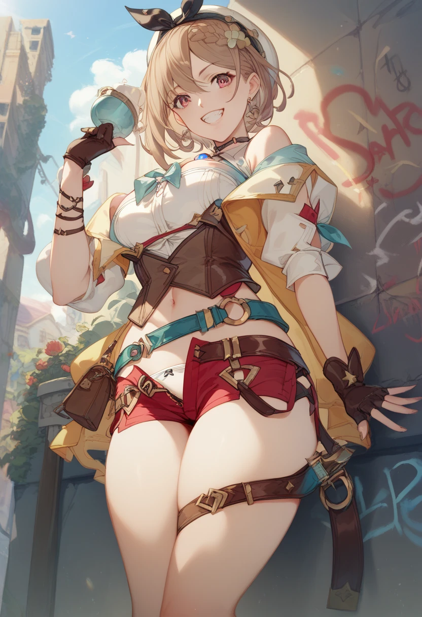 masterpiece,  top quality ,  high res,  extremely detailed CG, 2nd Default,  asymmetrical design costume,  Bare Thighs , belt, chest, teeth,  laughs,  graffiti、 Lysalin Stout ( Liza's Atelier),assfocus, red shorts pulldown、 white panty pulldown 、bottomless