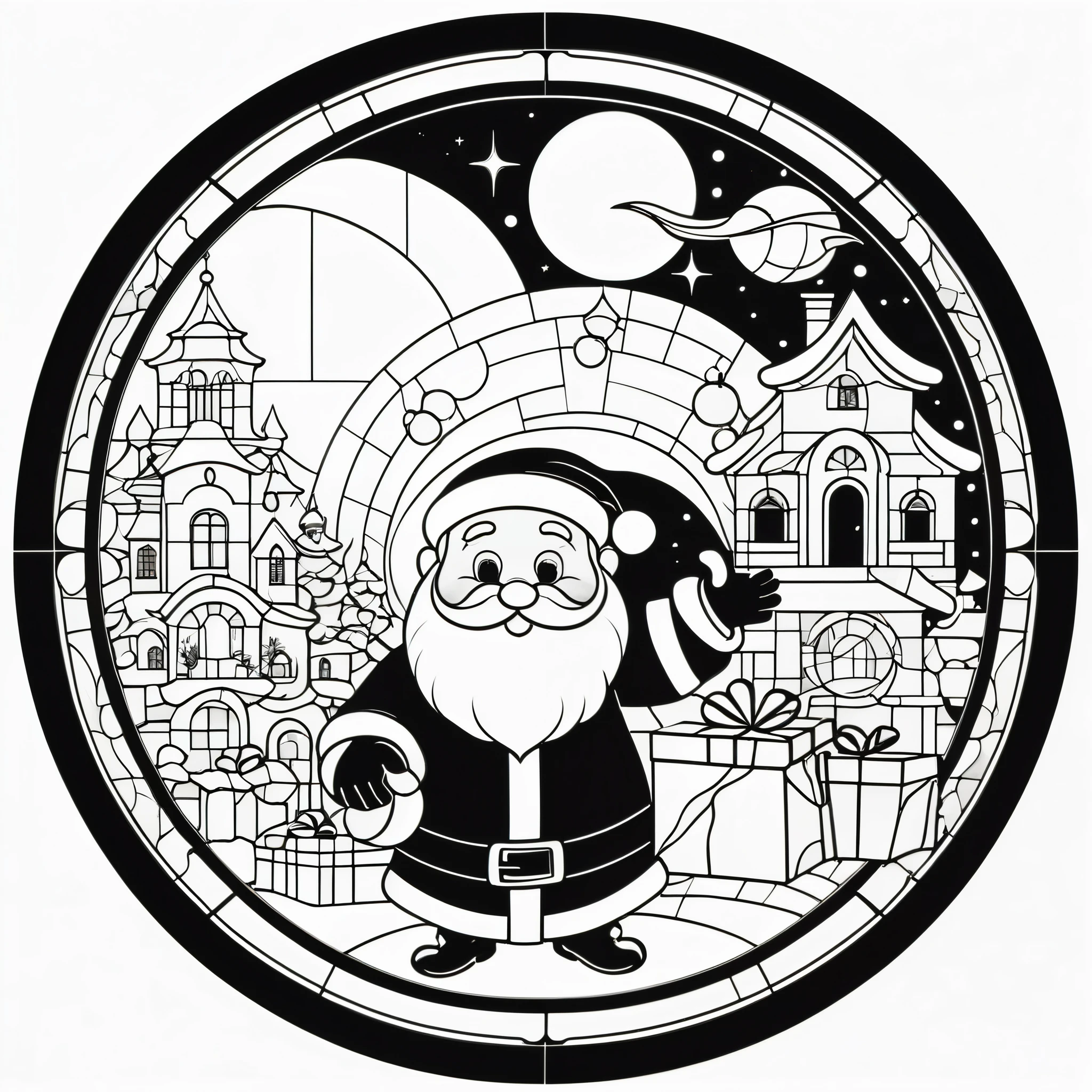 circle, simple line art, black and white, Stained glass design, without colored glass, composed only of lines, The theme is Santa Claus is busy delivering presents,