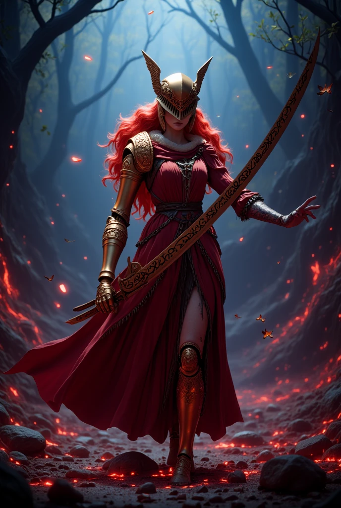 A dark and dramatic scene of MaleniaNorm, the undefeated warrior, standing confidently in the center, her slender form draped in crimson and gold armor adorned with thorn-like details. Her face is partially obscured by her intricate golden helm, revealing only her cold, determined eyes and flowing red hair. She wields her iconic, massive rune-etched katana, glowing faintly with a vibrant scarlet light, hovering just above her hand as if controlled by her sheer will. Her armored hands, gloved in ornate metallic designs, grip the sword’s hilt with deadly precision. The background is shrouded in darkness, accented by splashes of vivid neon reds, blues, and purples that create an otherworldly, chaotic atmosphere. The scene blends cyberpunk and dark fantasy aesthetics, emphasizing dramatic lighting, high contrast, and a shallow depth of field. Bokeh effects and film grain add a cinematic, moody quality to the shot, capturing Malenia’s haunting beauty and deadly presence in stunning, highly detailed fashion. (maximum ultra high definition image quality and rendering:3), maximum image detail, maximum realistic render, (((ultra realist style))), realist side lighting, , 8K high definition, realist soft lighting, (amazing special effect:3.5)  