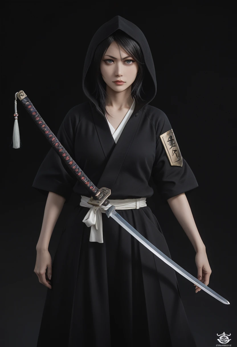 Rukia Artfully aesthetic, steampunk style samurai a woman in a black and white outfit holding a sword, she is holding a katana sword, holding a sword on her shoulder, katana, she is holding a sword, female action anime girl, unsheathing her katana, seductive anime girl, female samurai, artwork in the style of guweiz, female anime character, guweiz hoodie and sarashi aesthetically pleasing, logical and simple