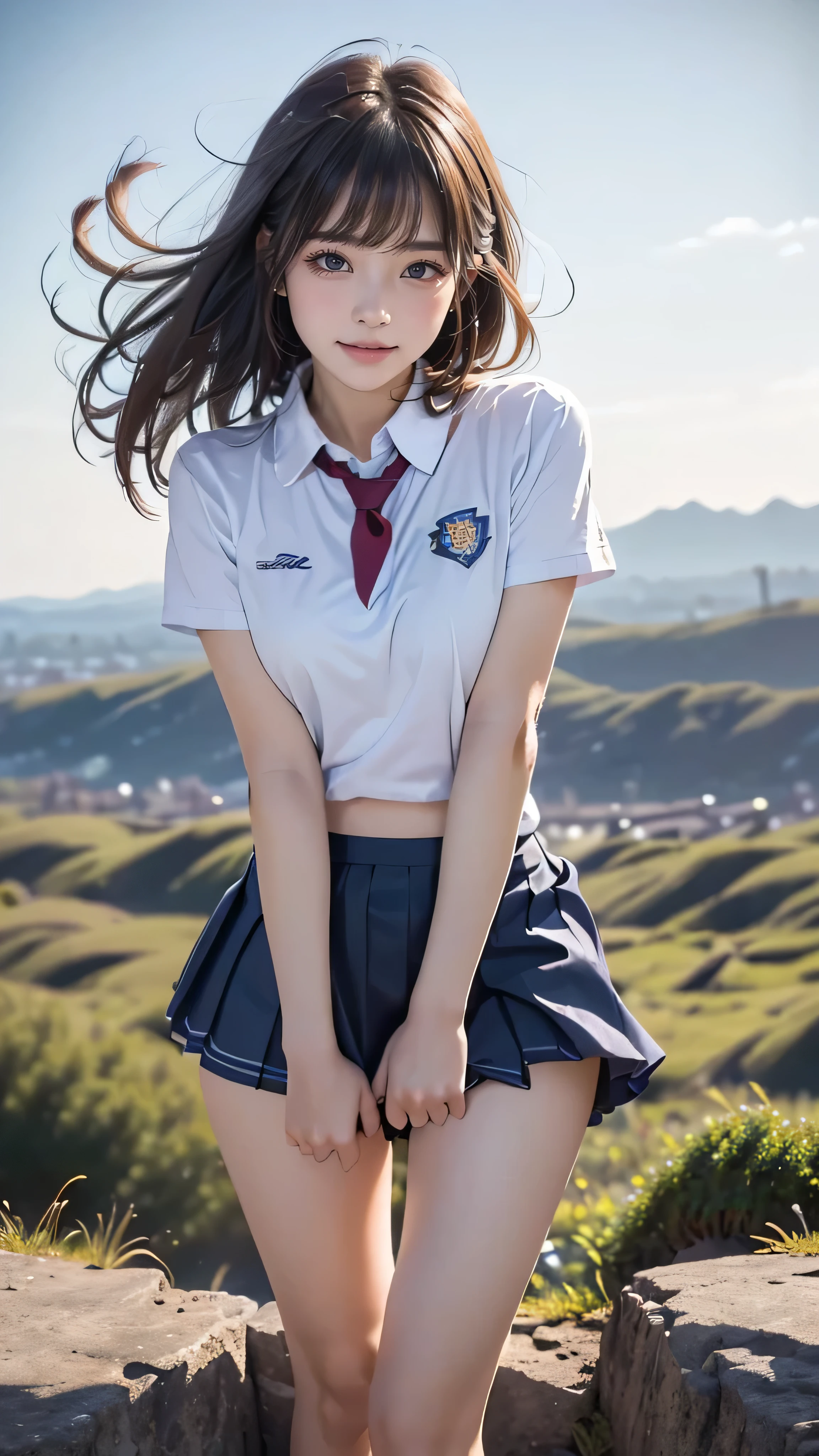 ((( top quality ))), ((masterpiece)), ( Details), ((solo)), ((((( high school girl in a school uniform))))), ((Slender body)), (((((((Hold down the skirt that flips up in the wind))))))), (( white skin)), Mysterious Light, ((((((Angle of view that includes face and whole body)))))), ((( well-prepared face))), (( big eyes)), (((((Droopy eyes))))), ((((Closer Eyes)))), Slim beautiful buttocks, (Glowing skin),  angle from below, (((( correct anatomy)))), share, ((((Stylish bangs)))), (Short body), ((((((outcrop)))))), Slender legs, (((((Embarrassed face))))), ((Raise your shoulders)), (((smile))), ((night)), (((( on top of the hill)))), ( excitement ), (((( open legs)))), Small face, 