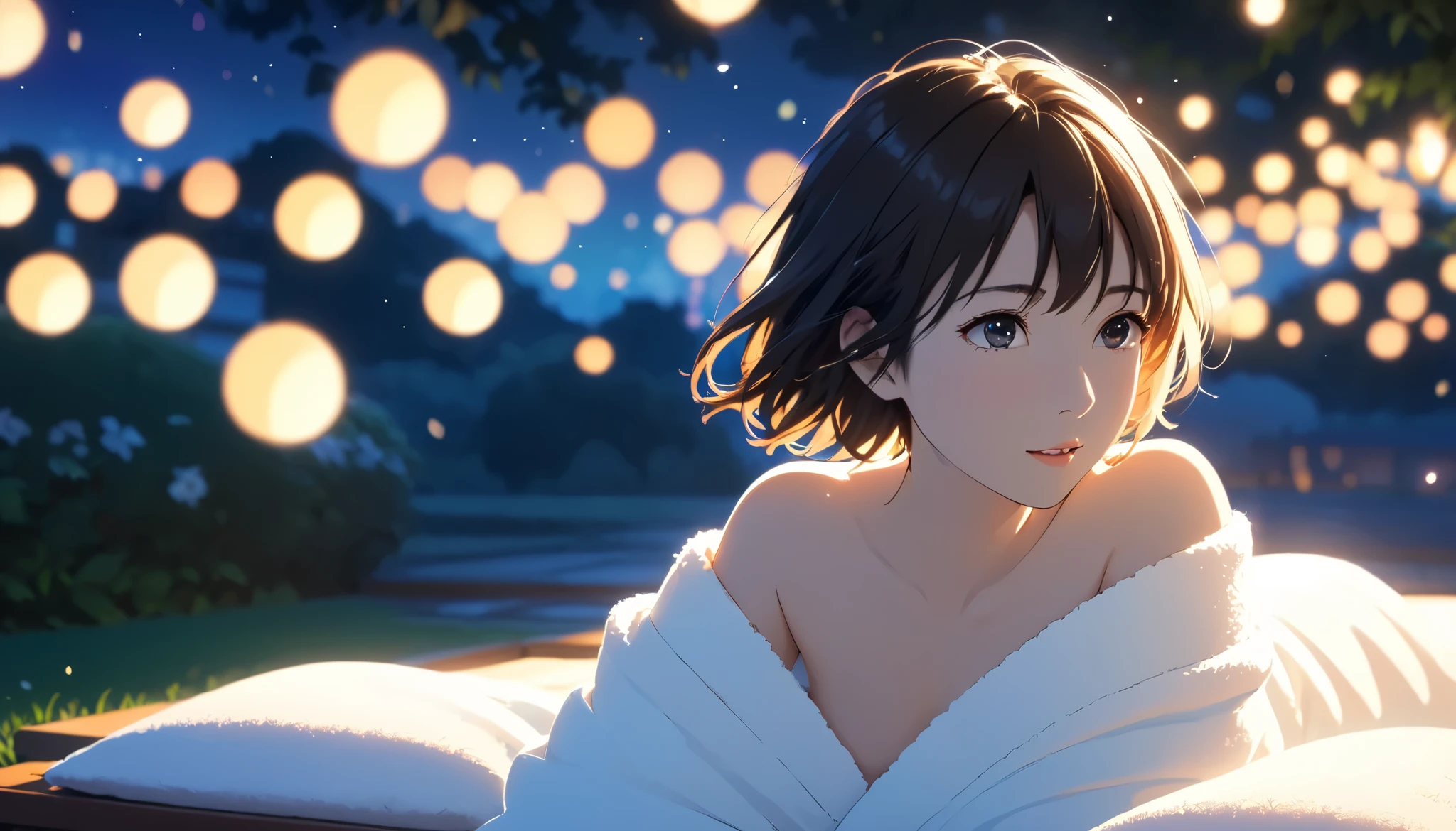 masterpiece,  high res,  illustration,  Kyoto animation style, movie style: your name,  night , mid night , Gentle Light, Fascinating Light, (1 female: 1.3), (Alone: 1.4),  has long eyelashes,  short bob, nose_, open_mouth, futon,  nudity,  , towel, Kirarhythm, dynamic perspective, perspective, Bokeh, Depth_of_Field, from_ Down