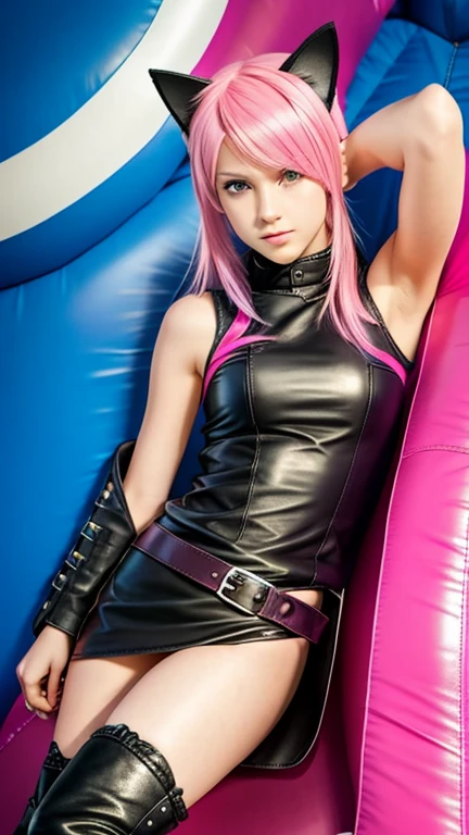  teen with pink hair, Slim model,  leather top , Faltenrock leder,  leather arm warmer blue ,  knee-high leather boots, Cat ears, bouncy castle  
