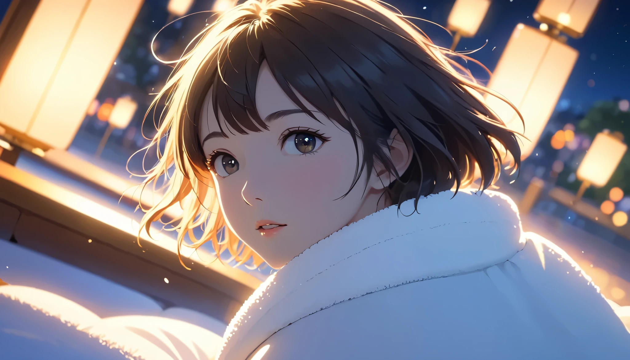 masterpiece,  high res,  illustration,  Kyoto animation style, movie style: your name,  night , mid night , Gentle Light, Fascinating Light, (1 female: 1.3), (Alone: 1.4),  has long eyelashes,  short bob, nose_, open_mouth, futon,  nudity,  , towel, Kirarhythm, dynamic perspective, perspective, Bokeh, Depth_of_Field, from_ Down