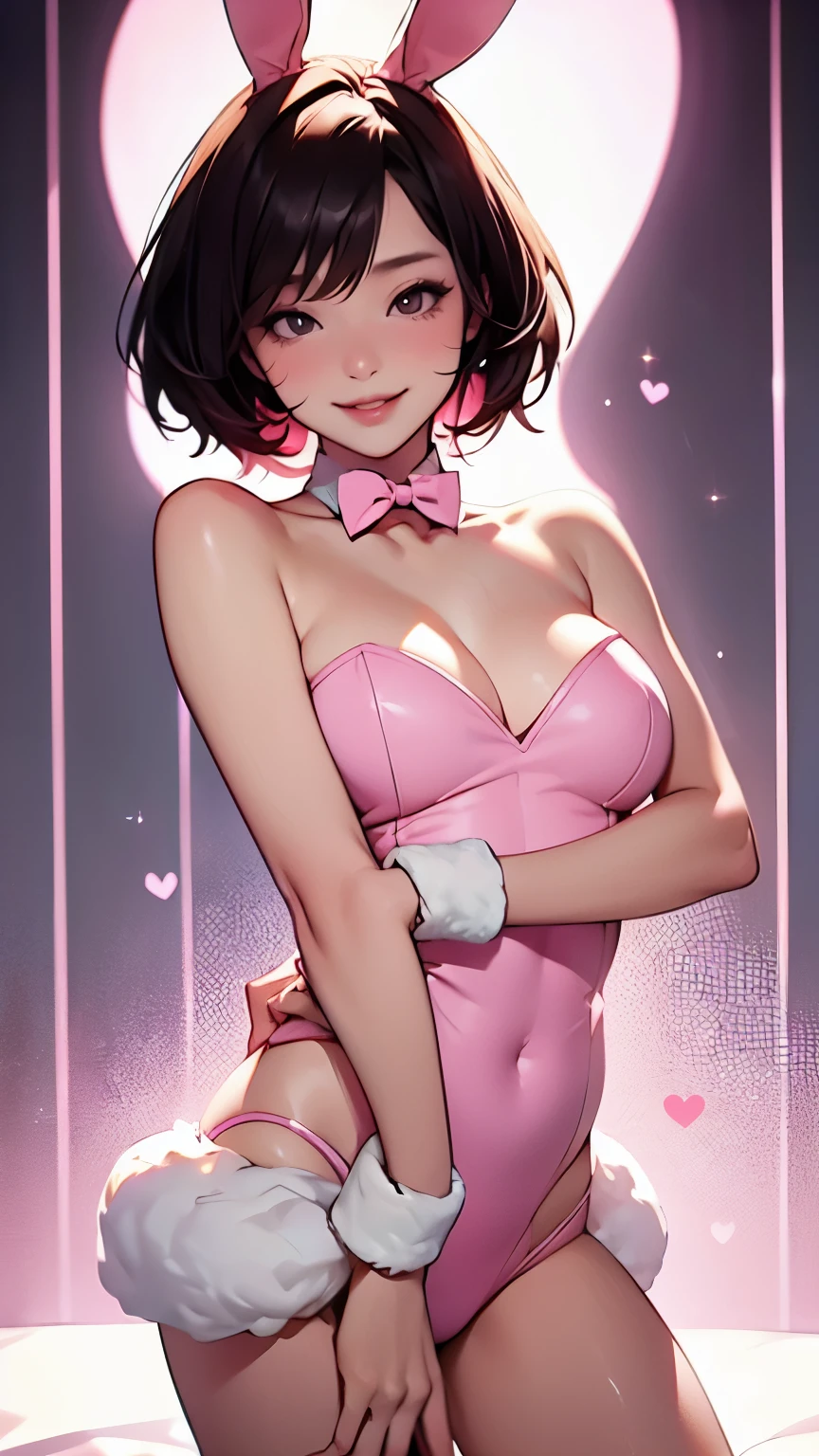 pink playboy bunny outfit, Rabbit tail, Solo Girl,  top quality , Center of chest,  dark haired,  short hair,  strapless , (Charming, Drop your eyes:1.2),   vulgar smile