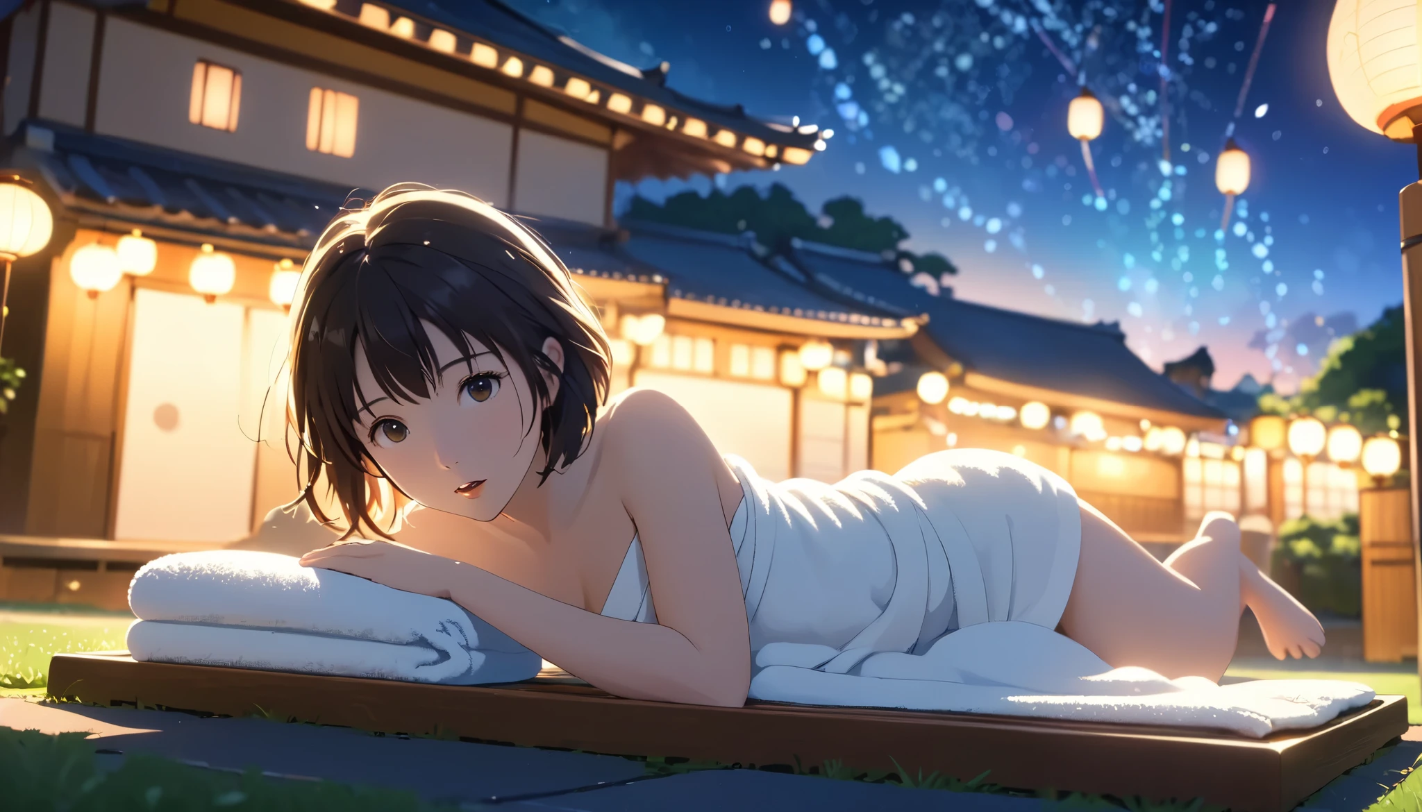 masterpiece,  high res,  illustration,  Kyoto animation style, movie style: your name,  night , mid night , Gentle Light, Fascinating Light, (1 female: 1.3), (Alone: 1.4),  has long eyelashes,  short bob, nose_, open_mouth, futon,  nudity,  , towel, Kirarhythm, dynamic perspective, perspective, Bokeh, Depth_of_Field, from_ Down