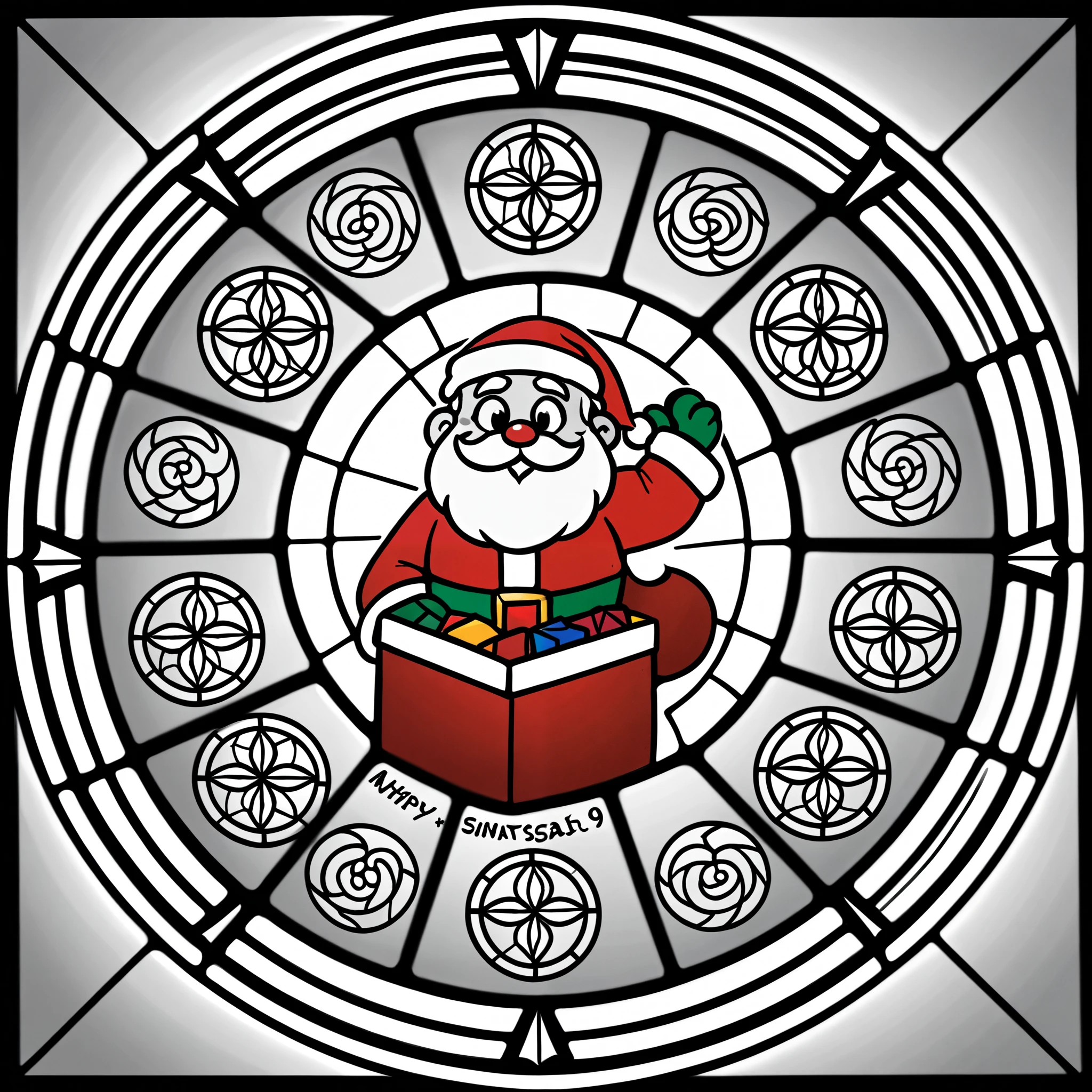 circle, simple line art, black and white, Stained glass design, without colored glass, composed only of lines, The theme is Santa Claus is busy delivering presents,