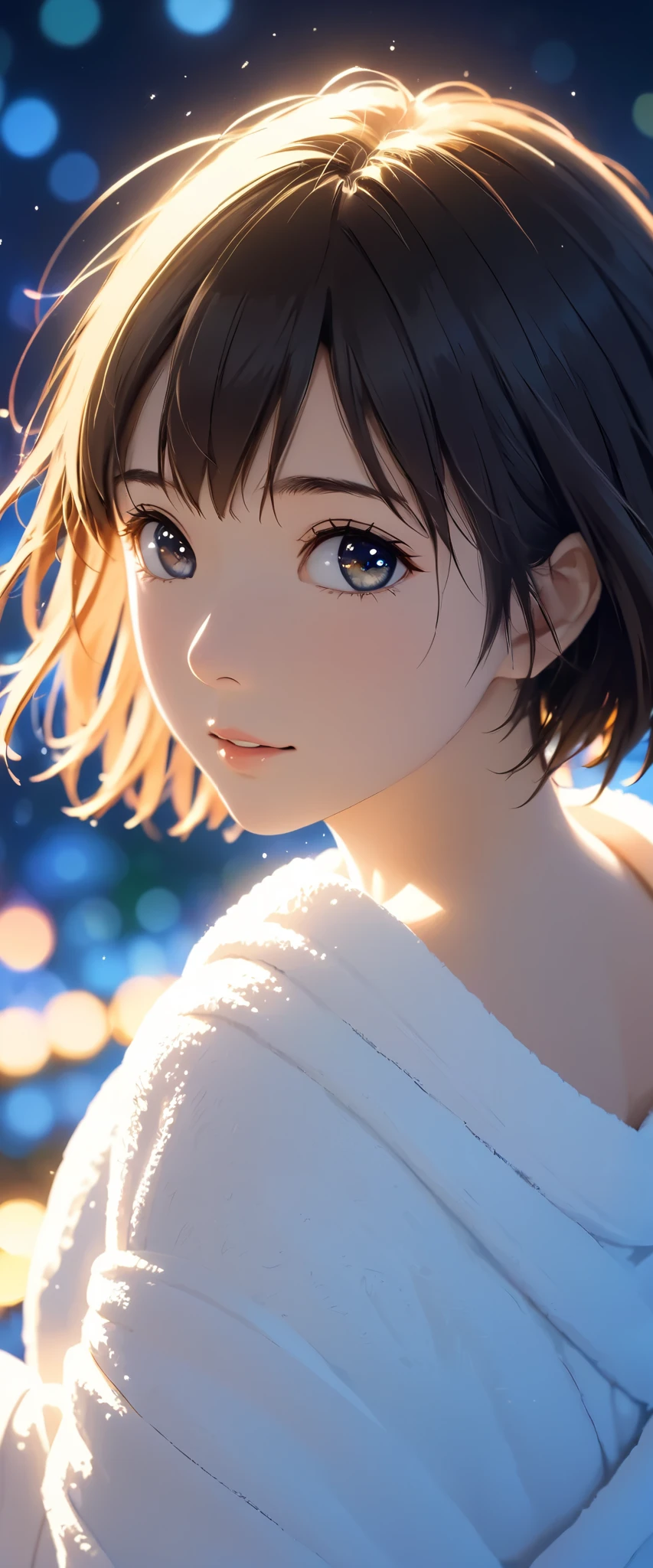 masterpiece,  high res,  illustration,  Kyoto animation style, movie style: your name,  night , mid night , Gentle Light, Fascinating Light, (1 female: 1.3), (Alone: 1.4),  has long eyelashes,  short bob, nose_, open_mouth, futon,  nudity,  , towel, Kirarhythm, dynamic perspective, perspective, Bokeh, Depth_of_Field, from_ Down