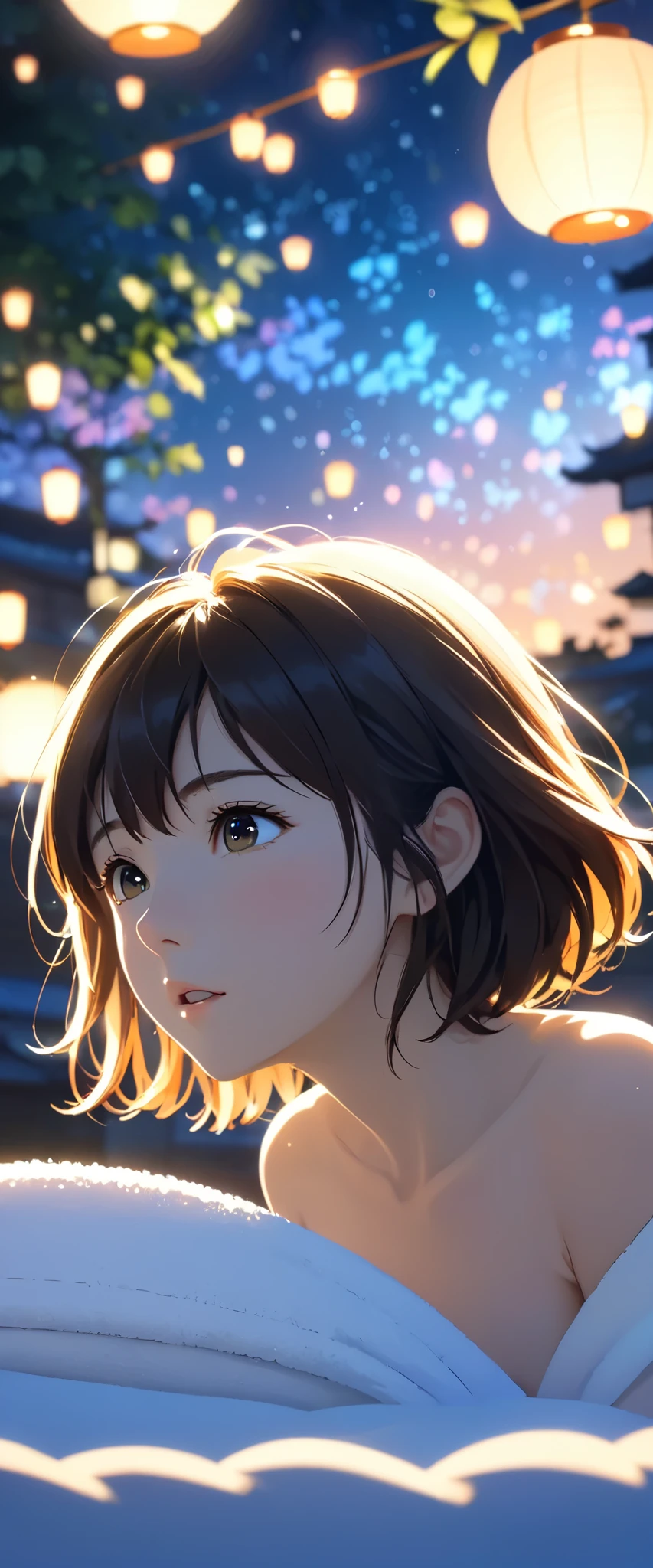 masterpiece,  high res,  illustration,  Kyoto animation style, movie style: your name,  night , mid night , Gentle Light, Fascinating Light, (1 female: 1.3), (Alone: 1.4),  has long eyelashes,  short bob, nose_, open_mouth, futon,  nudity,  , towel, Kirarhythm, dynamic perspective, perspective, Bokeh, Depth_of_Field, from_ Down