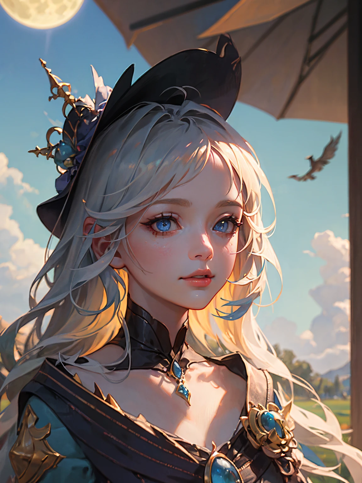 a beautiful witch with long silver hair wearing a witch's hat, standing in a field under a blue cloudy sky with a crescent moon, birds flying in the distance, (best quality,4k,8k,highres,masterpiece:1.2),ultra-detailed,(realistic,photorealistic,photo-realistic:1.37),detailed eyes,detailed lips,extremely detailed face and portrait,detailed clothing,intricate details,vibrant colors,natural lighting,cinematic composition,fantasy,concept art