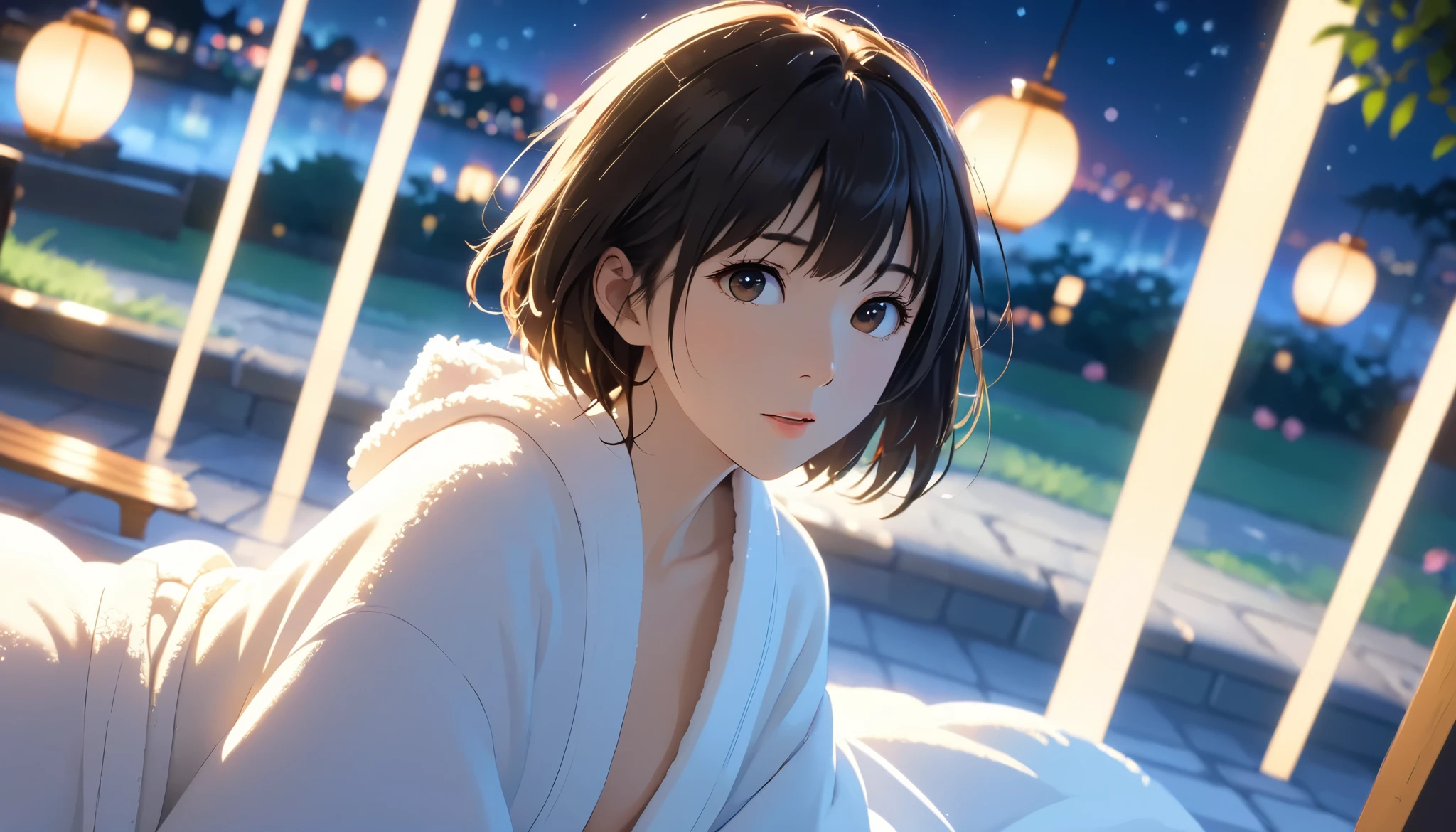 masterpiece,  high res,  illustration,  Kyoto animation style, movie style: your name,  night , mid night , Gentle Light, Fascinating Light, (1 female: 1.3), (Alone: 1.4),  has long eyelashes,  short bob, nose_, open_mouth, futon,  nudity,  , towel, Kirarhythm, dynamic perspective, perspective, Bokeh, Depth_of_Field, from_ Down