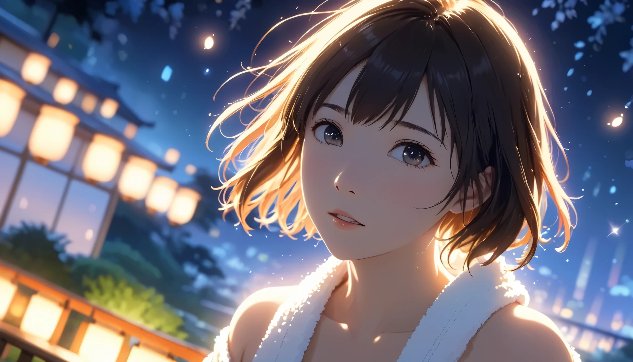 masterpiece,  high res,  illustration,  Kyoto animation style, movie style: your name,  night , mid night , Gentle Light, Fascinating Light, (1 female: 1.3), (Alone: 1.4),  has long eyelashes,  short bob, nose_, open_mouth, futon,  nudity,  , towel, Kirarhythm, dynamic perspective, perspective, Bokeh, Depth_of_Field, from_ Down