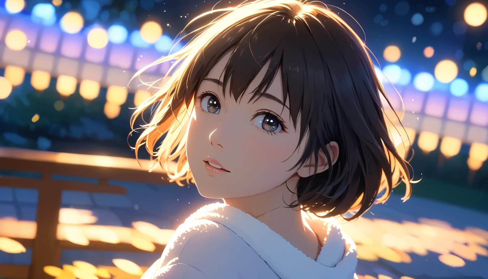 masterpiece,  high res,  illustration,  Kyoto animation style, movie style: your name,  night , mid night , Gentle Light, Fascinating Light, (1 female: 1.3), (Alone: 1.4),  has long eyelashes,  short bob, nose_, open_mouth, futon,  nudity,  , towel, Kirarhythm, dynamic perspective, perspective, Bokeh, Depth_of_Field, from_ Down