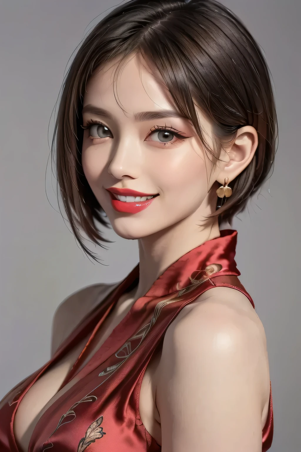 (1.   Beauty ,   supermodel  ), (     Perfect Anatomy ), ((   cowboy shot )), Golden Ratio, (top quality:1.4), 32k resolution, (   realistic     :1.5), High resolution UHD, (masterpiece :1.2)), (Improved quality:1.4), (  Very beautiful face details  ), (grin), (top quality), (( DECORATED RED SILK DRESS WITH DETAILED PATTERNS :1.37)),   earrings,    necklace, (Big Breasts:1.3), (thigh), Accurate Fingers,  very detailed,  beautiful eyes,    double eyelid ,    eyelash   , Shaping your eyebrows, ((  very detailed)),    red cheeks   , Ultra-    realistic     eyes, Perfect Lips,      perfect eyes,    Natural Cosmetics  , [contains pink lipstick], (( Commitment to quality     :1.2)), (   beautiful lips:1.33), (Great nose:1.2), (Big Breasts),     brunette pixie cut, ((   realistic   )), ((  Sharp Focus )), (    highest resolution), ((   high image quality)), ((masterpiece)),    PROFESSIONAL CINEMA LIGHTING  