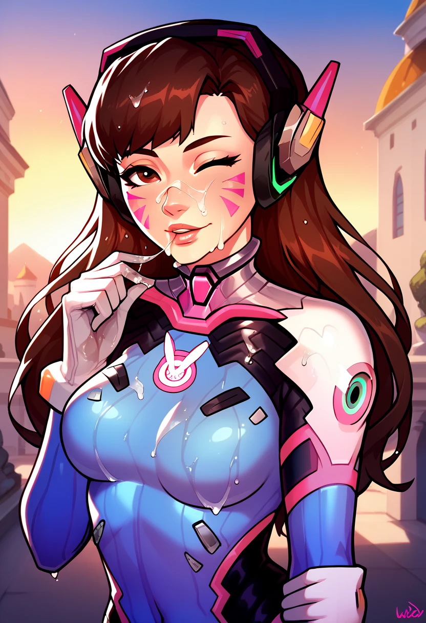 masterpiece, best quality, very aesthetic, absurdres, 1girl, mature_lady, ,,d.va(overwatch),1girl, headphones,long_hair,  brown_hair, facial_mark,whisker_markings,  bodysuit,  pilot_suit, white_gloves,,in a palace,glowing stardust frontground,fantasy,sparkling,fireflies,wet_clothes