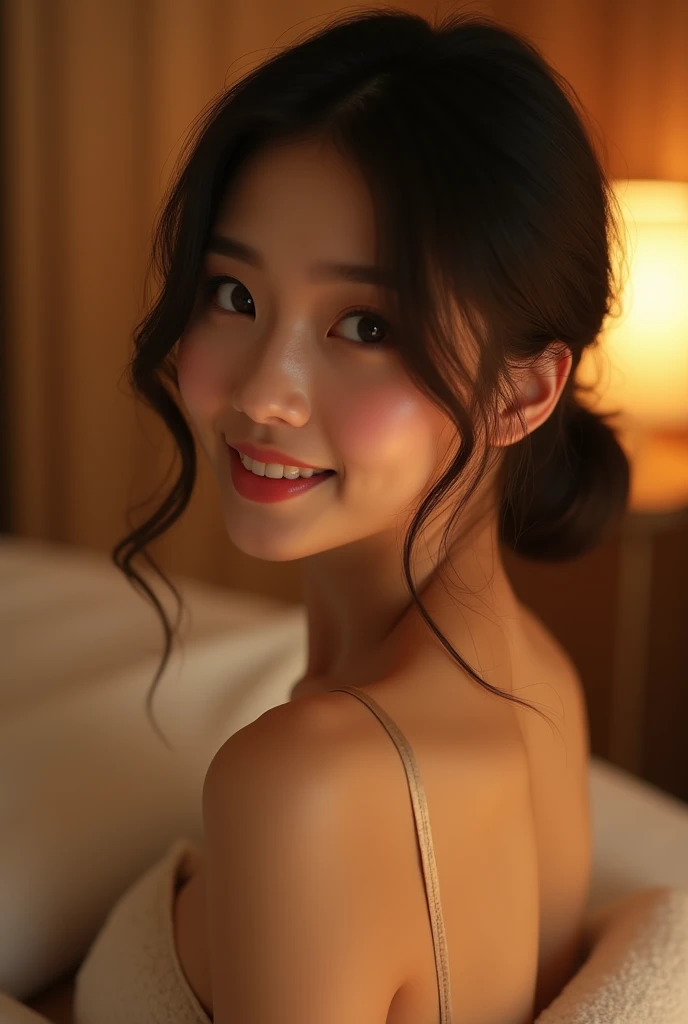 A masterpiece awaits! Here's a photorealistic prompt for you:

A stunning 8K wallpaper featuring a highly detailed, smiling Japanese woman (1.4) with a wrinkled yet radiant face (1.3). Her accurate anatomy (1.1) and beautiful eyes are the focal point of this close-up shot. Soft bangs frame her face, while a top-quality bra showcases her perfect cleavage. Long eyelashes and lipstick accentuate her plump lips, which seem to shine with warmth. The warm romantic lighting in this luxurious love hotel bedroom (1.1) creates a cozy ambiance, as the muted colors blend seamlessly together.