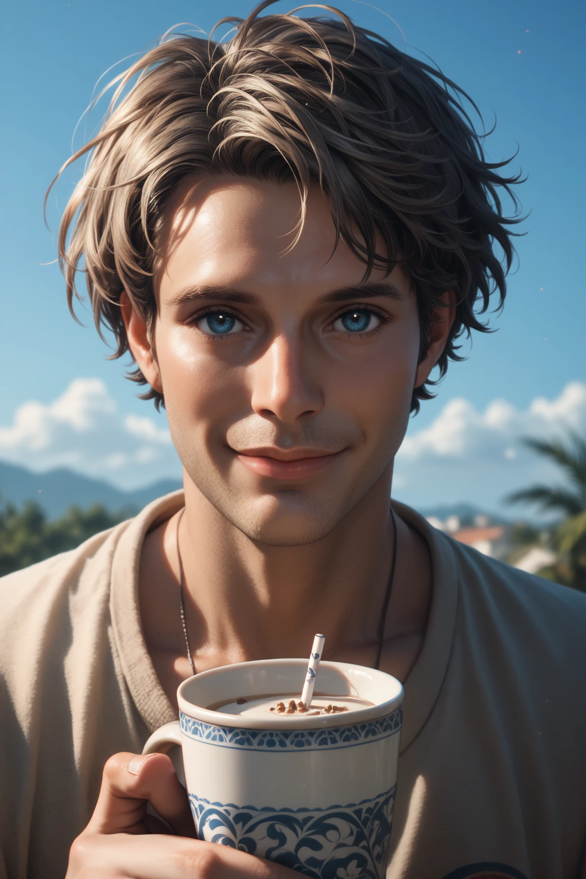  a tall boy , delgado, white tea,  short hair, coppery and semi-curly ,  deep sky blue eyes with a nice smile.  Looking at the spectator .