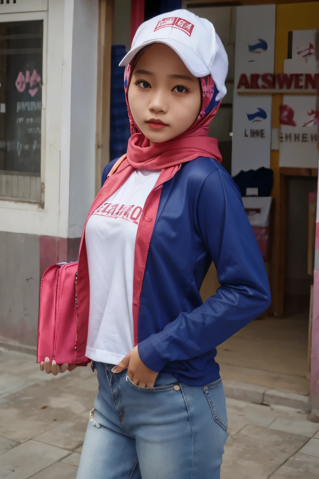 (pp clothes), from forehead, Indonesia school girl, standing in the edge former shop abandoned market, Red lips, pink hijab, blue cap writing "IWAN", wearing white long-sleeved t-shirt and jeans.